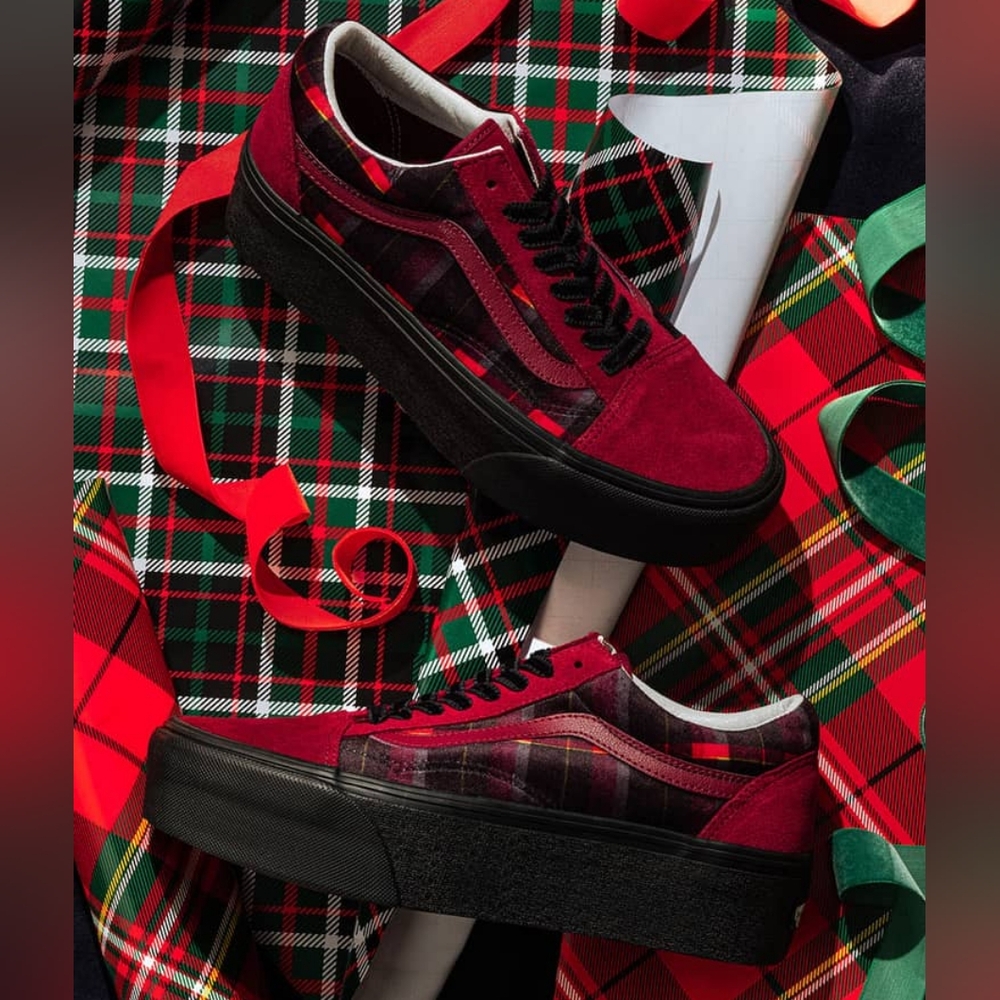 NWT Vans Old Skool Stackform Velvet Plaid Port Red Plaid Platform Sneakers - 9 - Picture 7 of 10